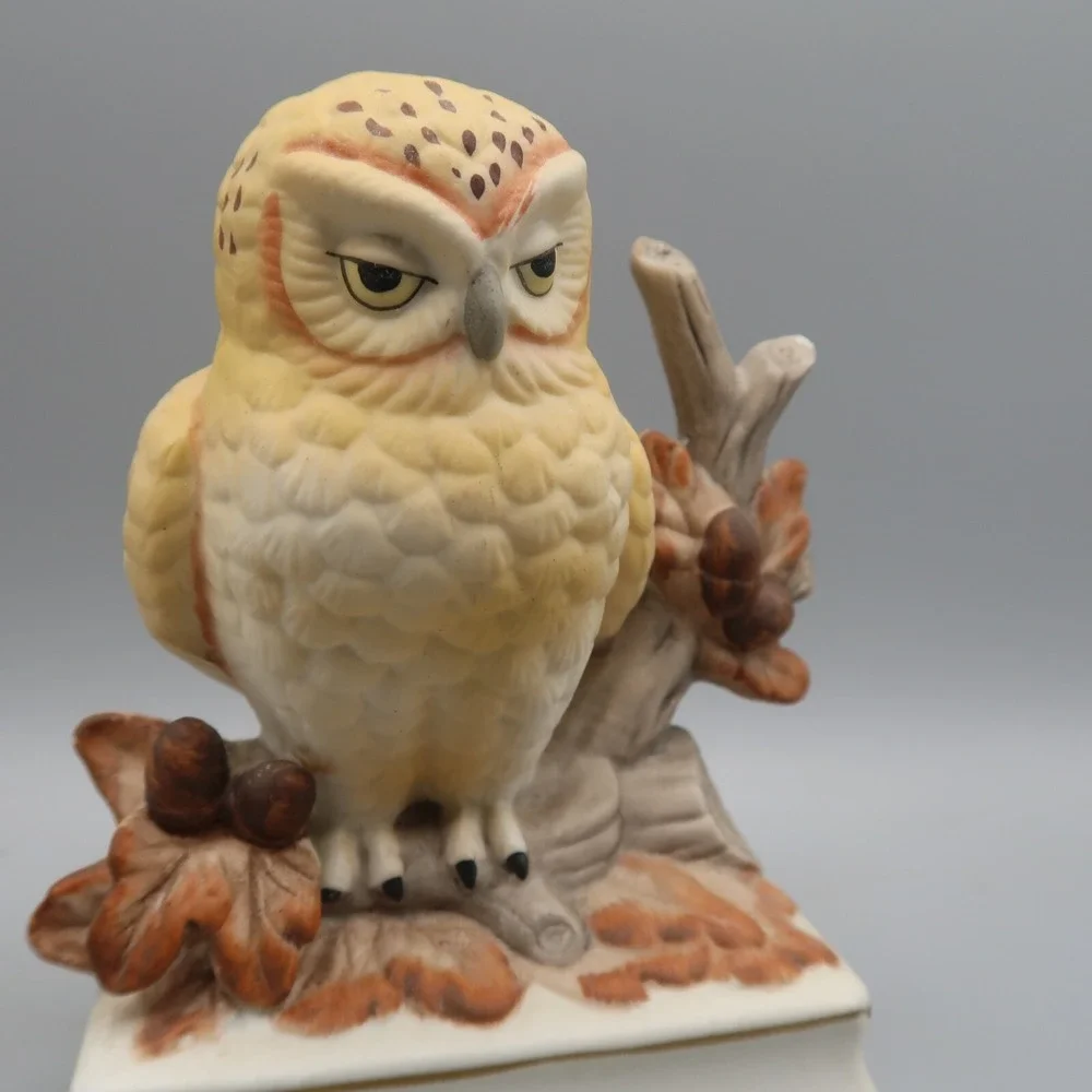 Vintage Towle Music Box With Yellow Barn Owl on Branch Fine Porcelain Statue